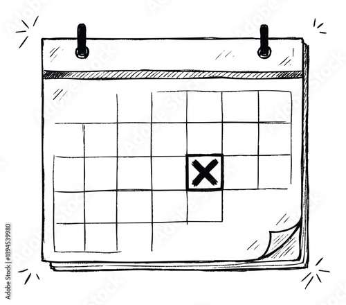 Doodle style calendar with a bold cross mark on a specific date, ideal for visually representing deadlines, appointments, or important events in organizational tools.