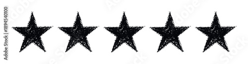 Five black distressed grunge textured stars indicating premium quality customer satisfaction rating or positive product review for web and print media applications