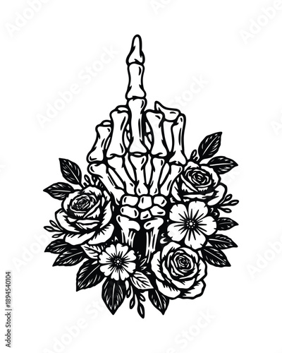 Skeleton middle finger illustration, black and white floral skeleton hand, gothic line art