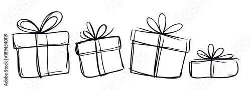 Line drawing of multiple present boxes tied with decorative ribbons, ideal for birthday party invitations, Christmas wishes, anniversary celebrations, or special occasion marketing