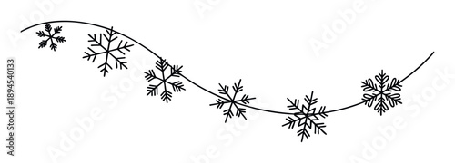 Decorative string of various sized black snowflakes creating a festive winter garland, perfect for holiday greetings and seasonal event invitations.