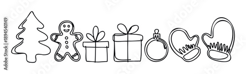 Simple hand drawn outline collection of festive Christmas and winter holiday objects including a tree gingerbread man gifts bauble and mittens for seasonal greeting cards crafts or