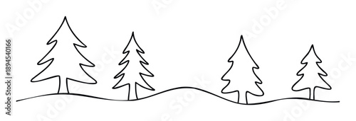 Minimalist continuous line drawing of evergreen trees on a wavy winter landscape suitable for seasonal greetings, holiday promotions, or naturethemed graphic projects
