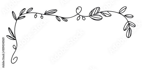Simple decorative vine with thin black line leaves and small berry accents creating a gentle corner frame ideal for event invitations, greeting templates, or naturalthemed designs.