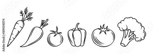 Minimalist line icons showcasing essential garden vegetables including carrots, tomatoes, bell pepper, and broccoli, suitable for promoting wholesome nutrition, cooking recipes, or