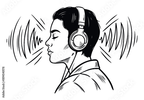 Young man wearing headphones listening intently to music or a podcast, surrounded by sound waves, perfect for audio technology advertisements and personal entertainment media promotions.