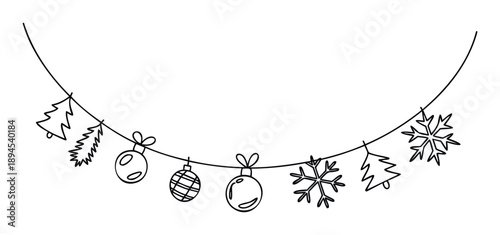 Christmas garland with outline decorations including holiday trees, festive ornaments, and snowflakes hanging on a string, perfect for seasonal greetings, event invitations, or winter