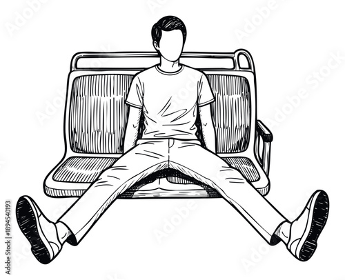 A person seated on a long public bench with legs extended wide, illustrating the concept of manspreading and inconsiderate behavior, suitable for social commentary and public service