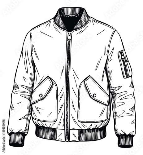 Hand drawn sketch of a classic bomber jacket with a front zipper and multiple pockets suitable for apparel catalogs and casual clothing designs