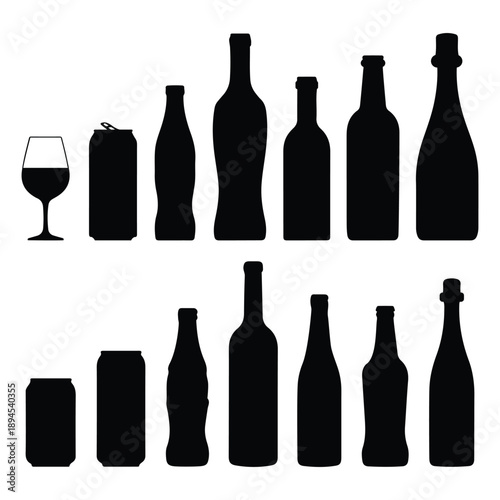 Bottle and glass silhouette icons set for beverages, isolated on transparent background. Suitable for alcohol, bar and restaurant design use.