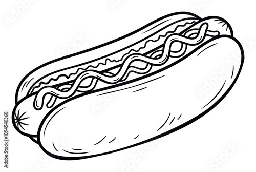 A hand drawn monochrome hot dog with wavy sauce lines on top of a bun and sausage perfect for food menus restaurant graphics or cookout themed promotional material