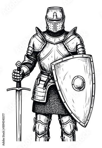 Full armored knight standing ready for battle holding a sword and shield, perfect for historical content, gaming, or strong symbolic representations