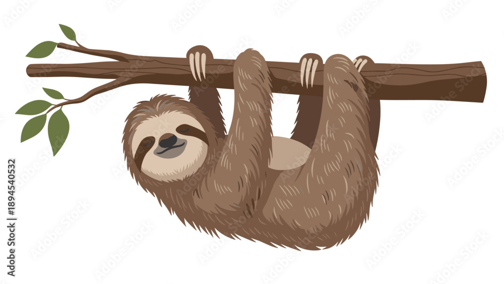 Naklejka premium Cute brown sloth with a peaceful expression hanging upside down from a tree branch with green leaves against white background.
