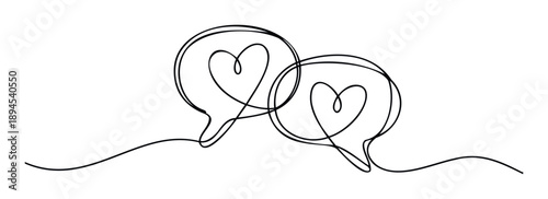 Minimalist continuous line drawing of two connected speech bubbles containing heart shapes, symbolizing loving dialogue, romantic communication, and emotional connection for various