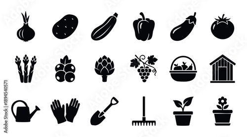 Essential gardening equipment fresh harvested vegetables fruits and healthy plants displayed as graphic symbols suitable for various agricultural and farming related projects.