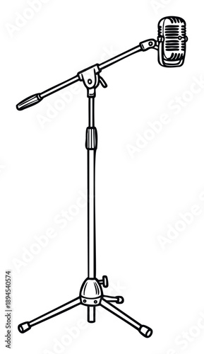 Classic style microphone on an adjustable tripod stand, perfect for capturing the essence of music, performance, or broadcast in a variety of media and promotional contexts.