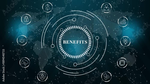 Internet, business, Technology and network concept. Employee benefits help to get the best human resources. Abstract technology data connection symbols on a deep cyan color background.