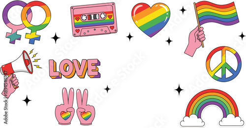 LGBT pride illustration set with rainbow heart peace symbol cassette megaphone gender icons and love themed stickers