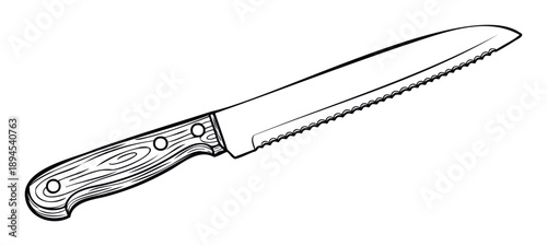 A classic serrated bread knife featuring a durable wooden handle is essential kitchen equipment for slicing various baked goods, useful for culinary content and cooking resources.
