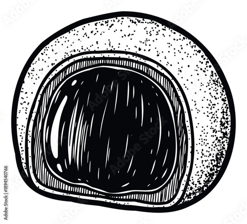Hand drawn black and white Asian dessert depicting a sweet mochi dumpling with a textured surface and dark filling, ideal for foodrelated presentations and marketing