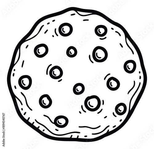 A hand drawn black and white line art representation of a sweet chocolate chip cookie, suitable for snack product packaging, educational materials, or a playful food blog graphic.
