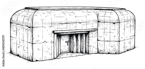 Durable concrete bunker structure with a heavy entrance door, depicted in a monochrome sketch style, perfect for historical, survival, or strategic project visuals