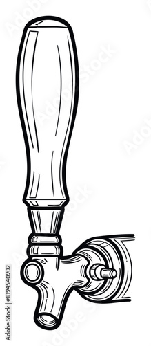Classic black and white line drawing of a traditional beer tap handle and spigot for dispensing beverages, perfect for use in restaurant menus, brewery branding, or beverage industry