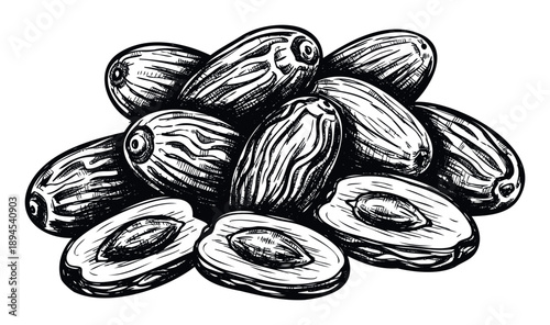 Organic dried dates arranged in a heap with pits visible in crosssections, a monochrome botanical drawing suitable for health food promotions and recipe books
