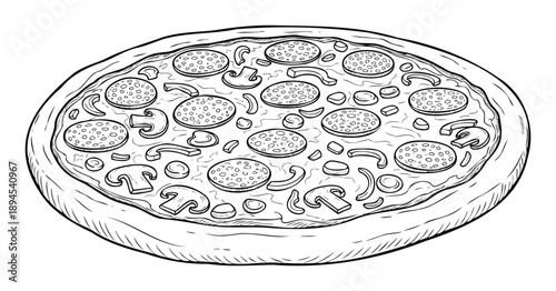 Classic hand drawn black and white line sketch of a delicious whole pizza with pepperoni and mushrooms perfect for restaurant menus food blogs and cooking publications