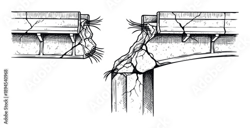 Sketch of a broken concrete beam or bridge revealing damaged rebar and severe structural cracks, perfect for engineering reports, construction safety presentations, or architectural