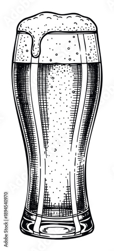 Detailed hand drawn illustration of a refreshing beer glass with rich foamy head and effervescent bubbles, ideal for pub menus, brewery branding, and beverage advertisements.