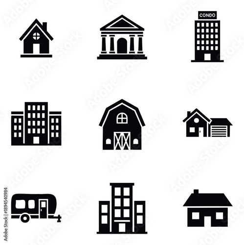 Diverse architectural building icons showcasing residential homes, multistory apartments, and commercial structures, perfect for real estate, urban planning, and construction industry