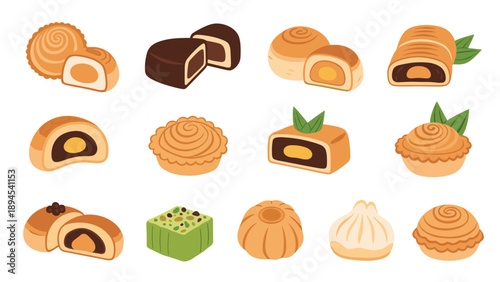Large collection of traditional chinese mooncakes with various fillings and shapes including whole and sliced pieces for mid autumn festival.