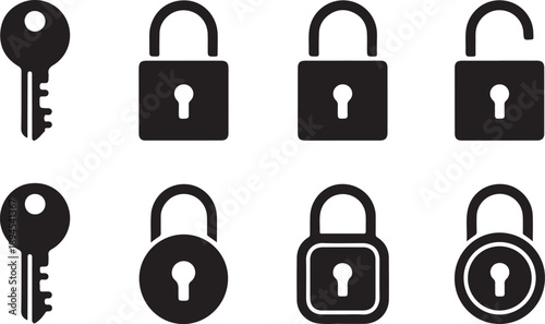 Security key and padlock icon set in solid black style