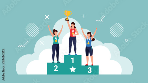 Three female athletes standing on a winners podium celebrating their victory with medals and a trophy against a blue background.