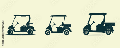 Golf cart vehicle silhouette set in flat style, isolated on  background. Ideal for golf course, transport and vehicle related design projects.