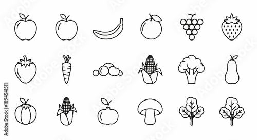 Collection of Fresh Fruit and Vegetable Icons.