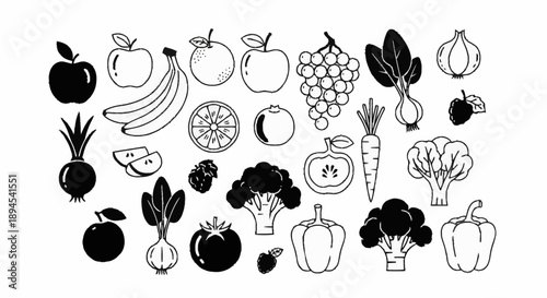 Collection of fresh fruits and vegetables hand drawn illustration.