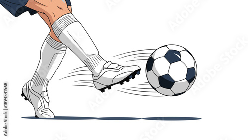 Detail of a soccer player wearing white cleats and socks kicking a black and white ball with speed lines on a white background.