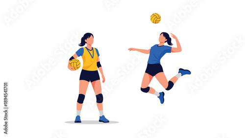 Two female volleyball players with one holding a ball and the other jumping to spike a ball during a game on a white background.