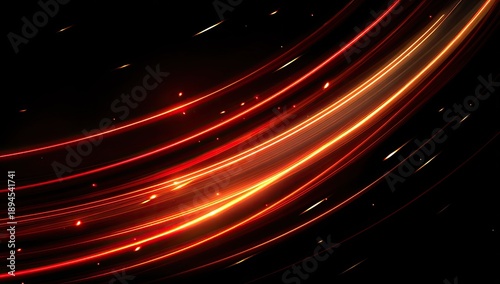 Glowing arcs of light, streaks and small sparks radiate against the deep black background
