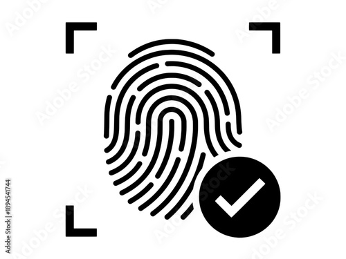 Minimalist black biometric fingerprint scanner icon for digital security and identity verification isolated on transparent background.