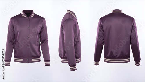 front, side, and back view purple varsity jacket isolated on white