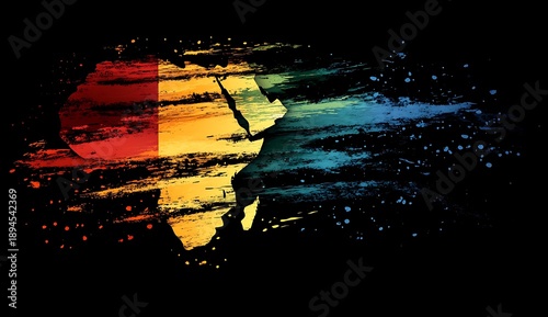 Outline of Africa continent with vibrant horizontal paint strokes and splatters Keywords: Africa