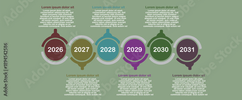 colorful business timeline infographic showing yearly milestones from 2026 to 2031.
