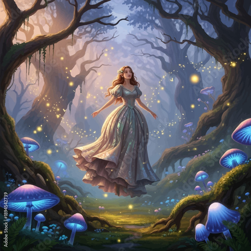 Ethereal woman floating in magical forest with glowing mushrooms