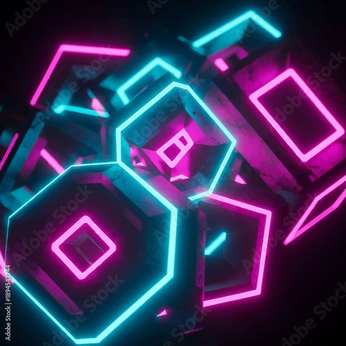 Vibrant neon lights illuminate futuristic geometric shapes in dark space