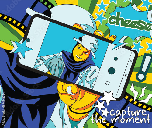 Pop Art Style Vector Illustration of Person Taking Selfie with Smartphone