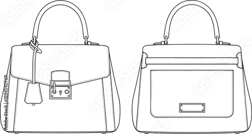 Women classic handbag technical flat sketch with front and back views, structured fashion accessory tote bag design outline illustration