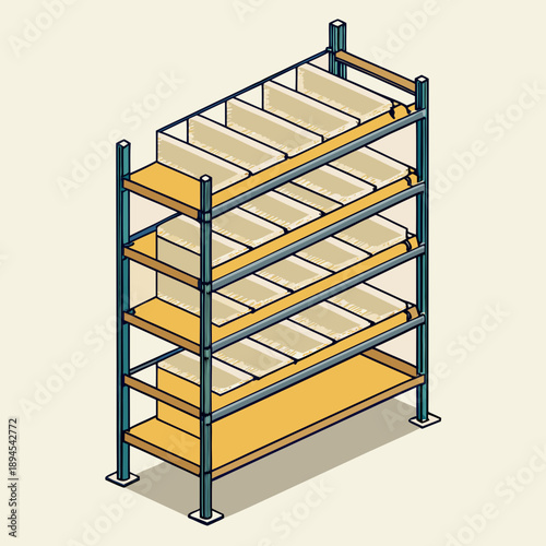 Isometric view of an empty industrial storage rack with multiple shelves and trays, clean line vector illustration